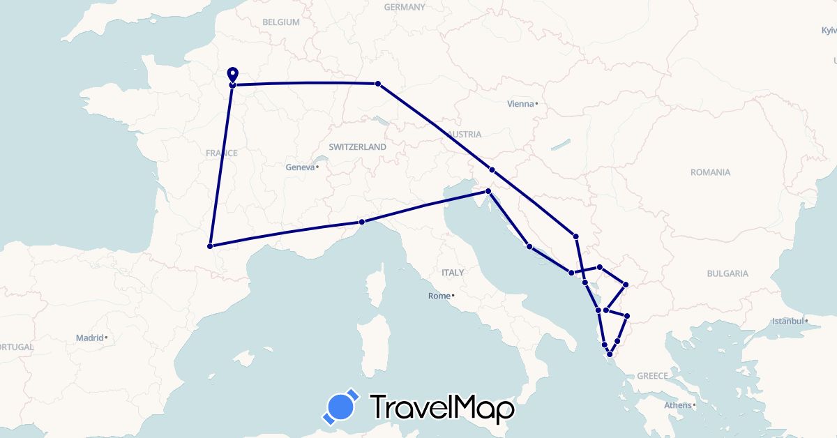 TravelMap itinerary: driving in Albania, Bosnia and Herzegovina, Germany, France, Croatia, Italy, Montenegro, Macedonia, Slovenia (Europe)