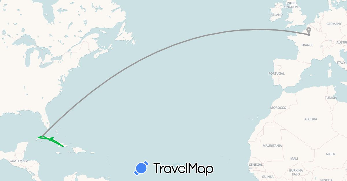 TravelMap itinerary: driving, bus, plane in Cuba, France (Europe, North America)
